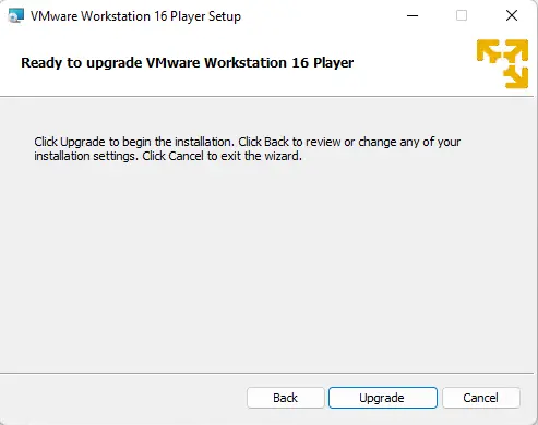 Upgrade VMware workstation 16 player