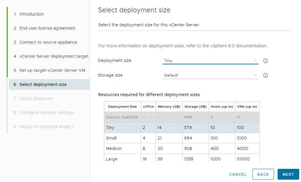 Upgrade vCenter appliance deployment size