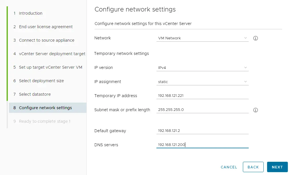 Upgrade vCenter configure network settings