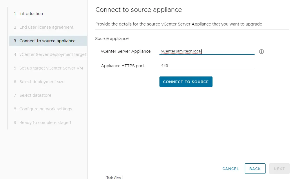 Upgrade vCenter connect to source appliance