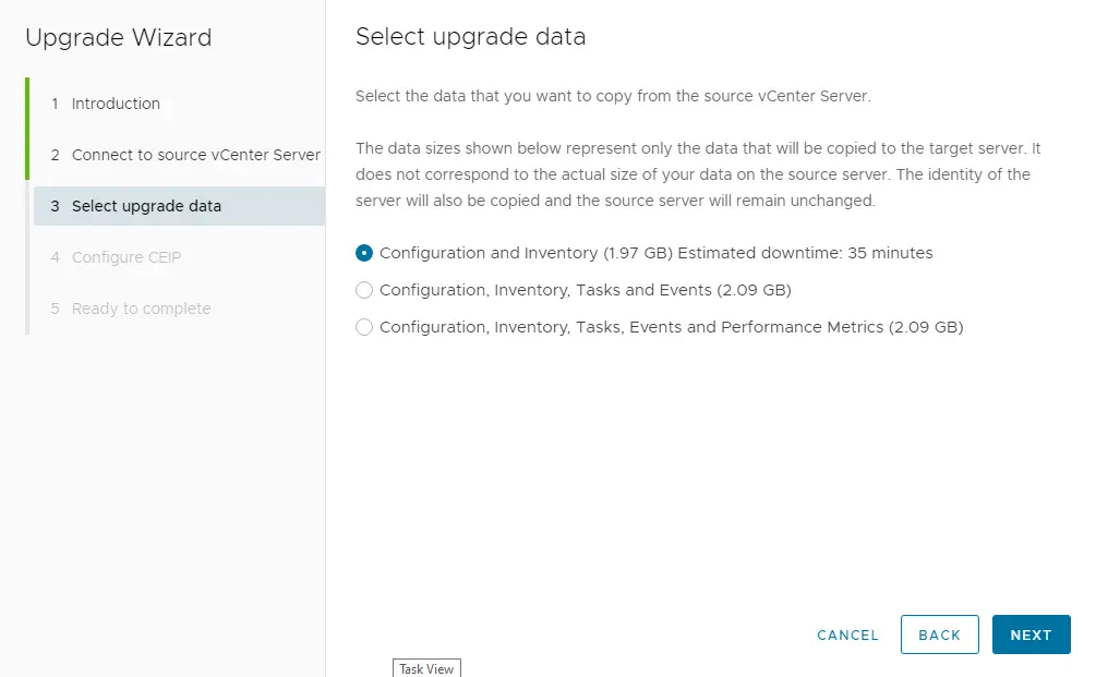 Upgrade vCenter select upgrade data