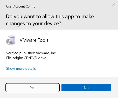 User account control VMware tools