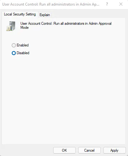 User account control admin approval mode