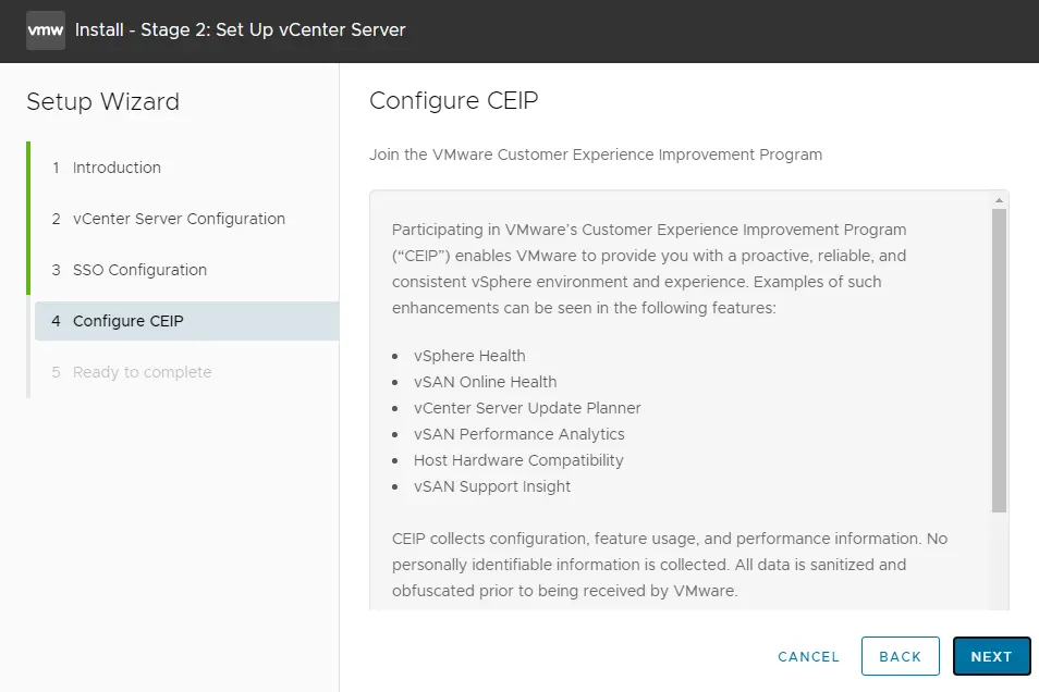 VCSA CEIP configuration