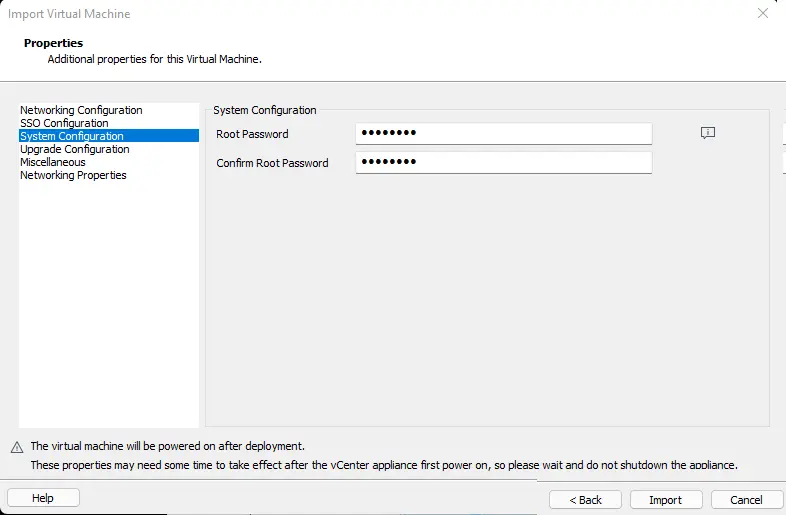 VCSA root password configuration