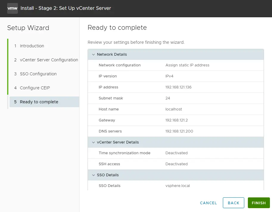 VCSA setup ready to complete