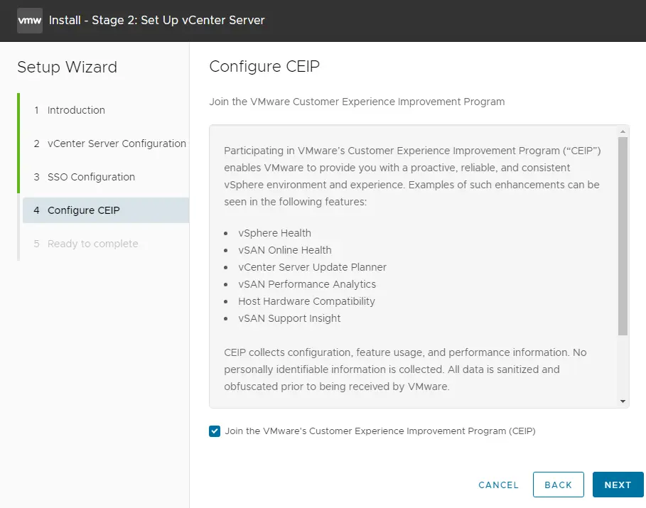 VCSA setup wizard configure CEIP