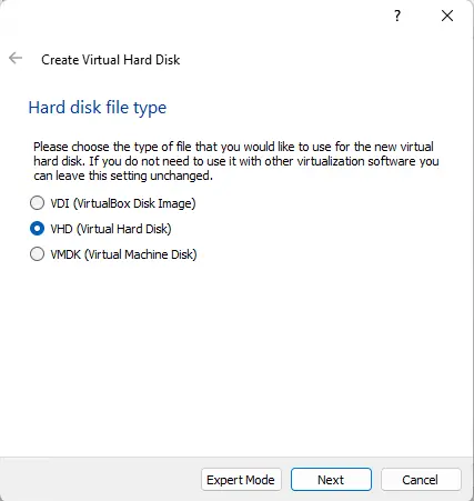 VHD (virtual hard disk) virtualbox