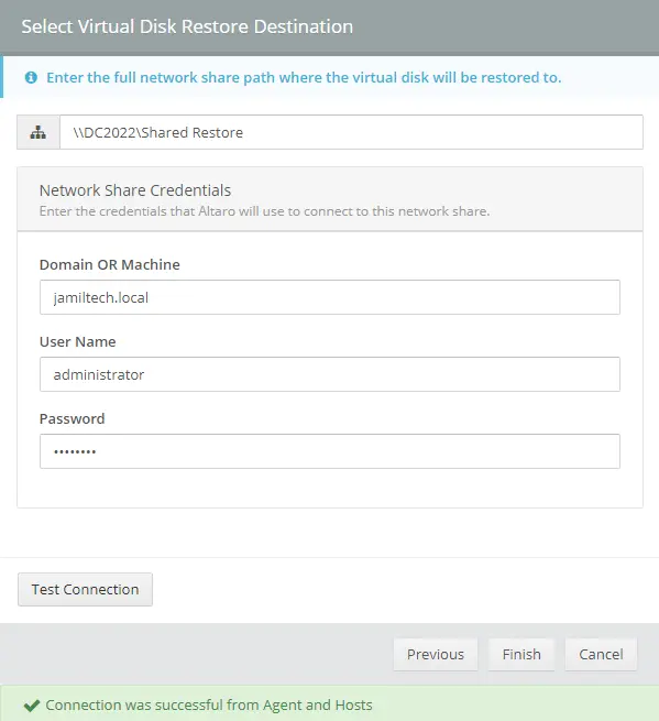 VM disk restore destination