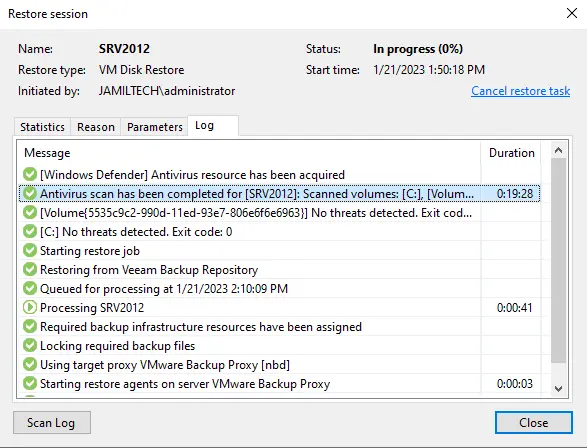 VM disk restore session