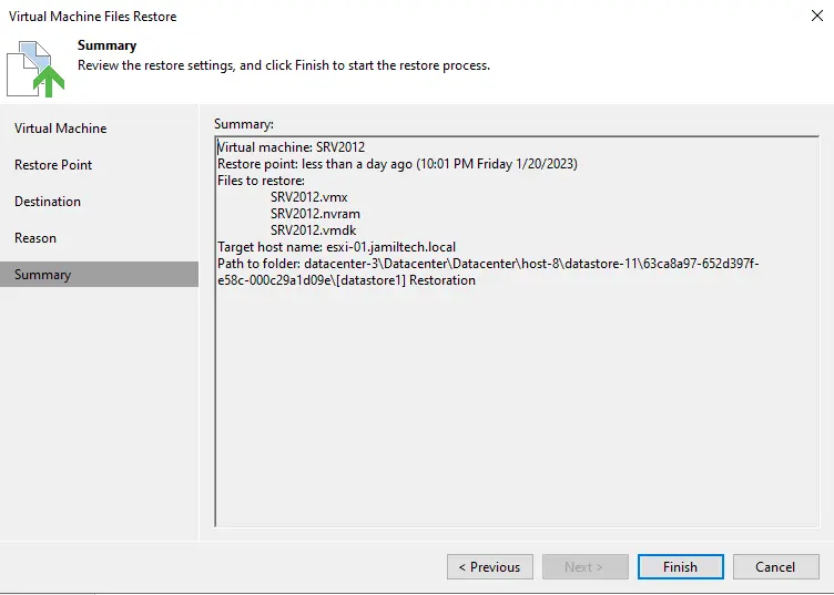 VM files restore summary Veeam