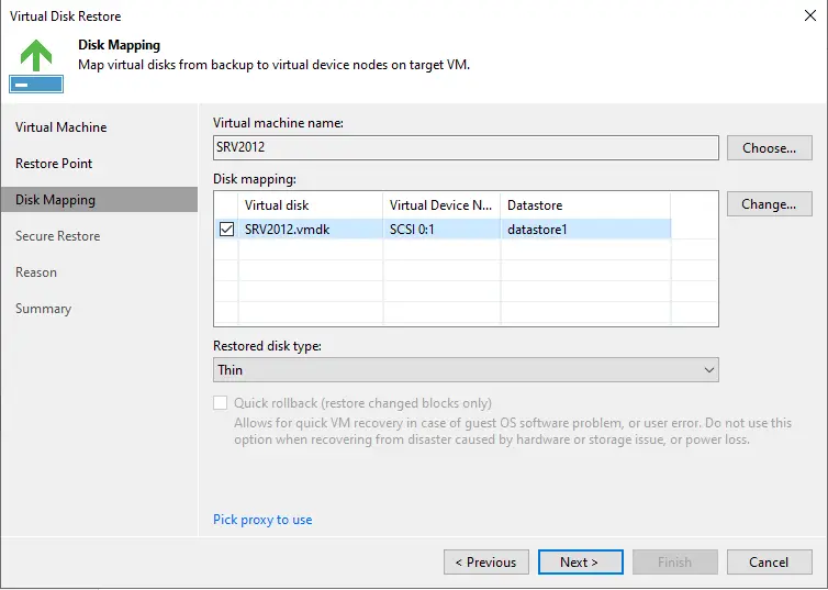 VM restore disk mapping