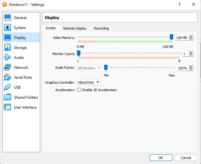 VM setting virtualbox display