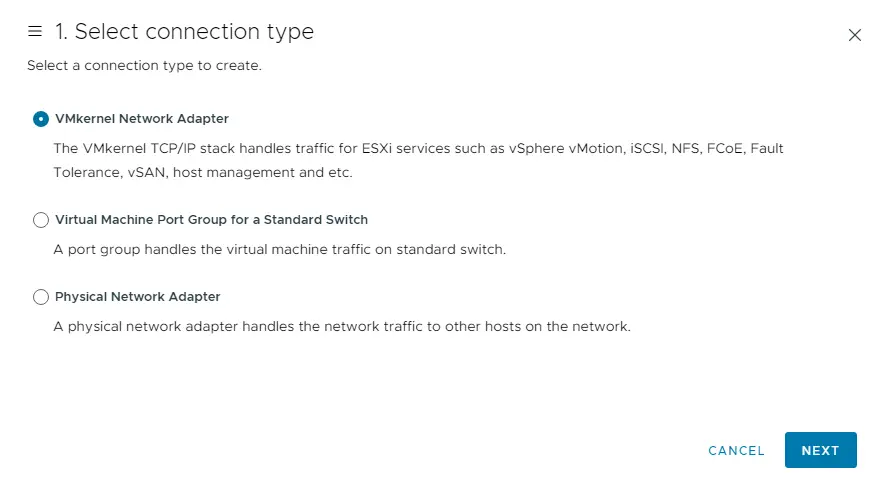 VMkernal network adaptor type