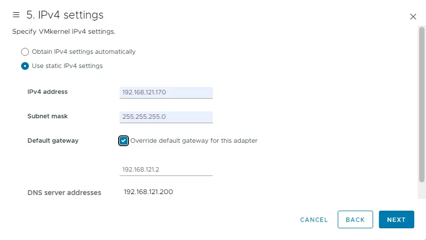 VMkernel IPv4 settings