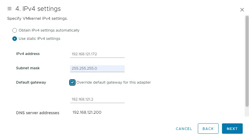 VMkernel IPv4 settings