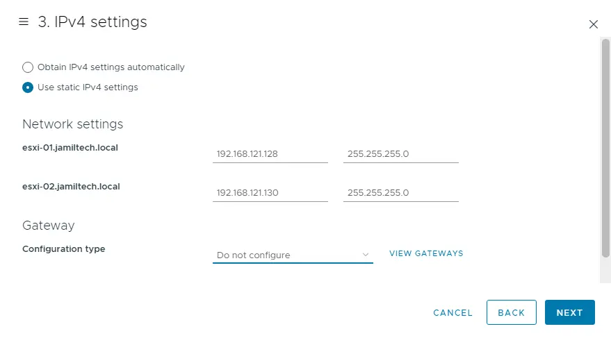 VMkernel ipv4 settings