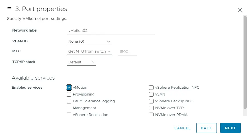 VMkernel port settings properties