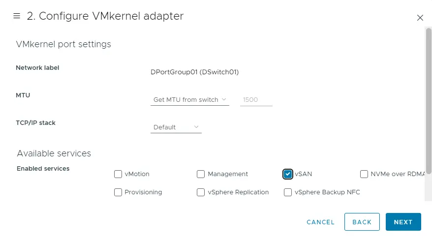 VMkernel port settings vSAN