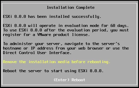 VMware ESXi 8.0 installation complete