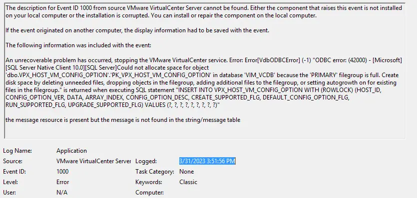 VMware VirtualCenter server 1000 error