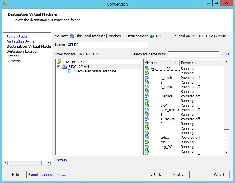 VMware conversation destination virtual machine