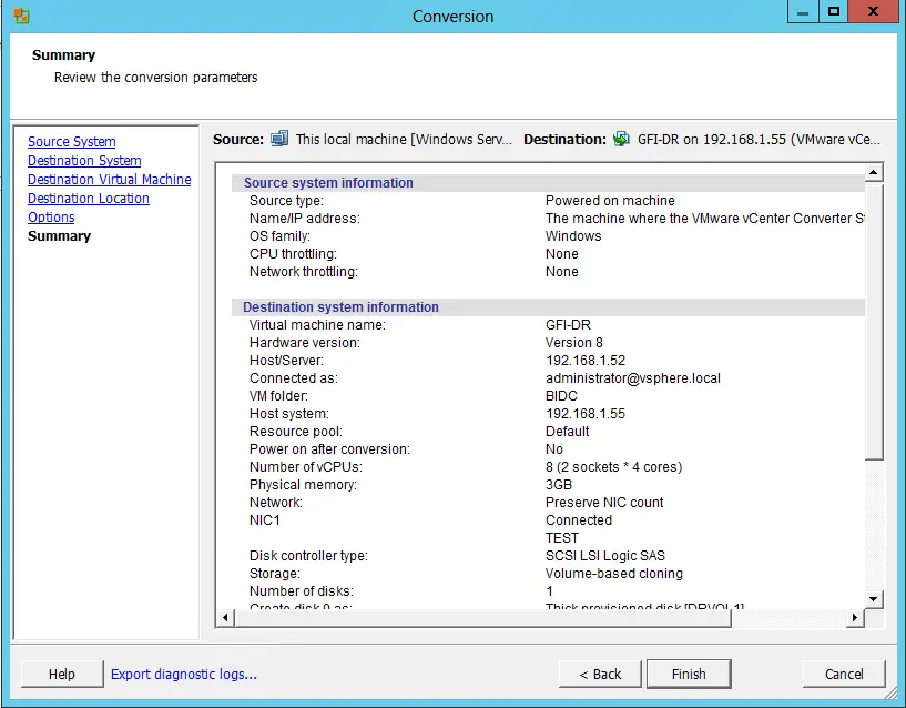 VMware converter conversion parameters