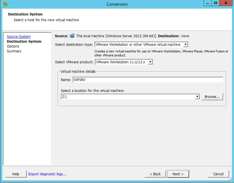 VMware converter system destination