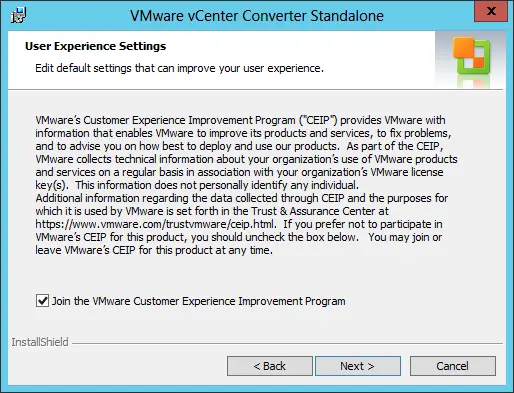 VMware converter user experience settings
