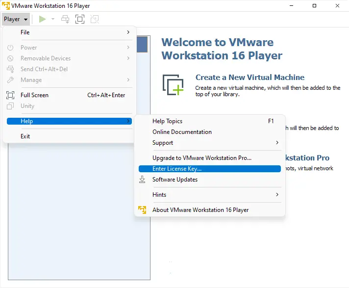 VMware player enter license key