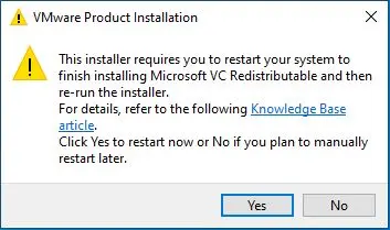 VMware product installation restart