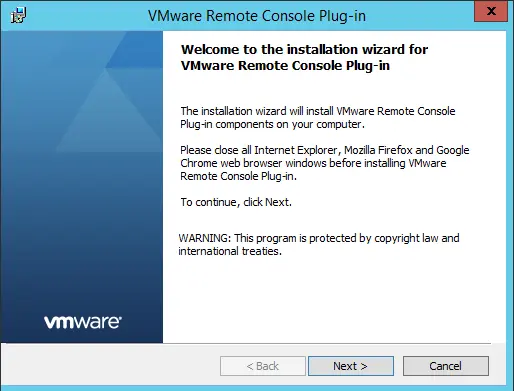 VMware remote console Plug-in wizard
