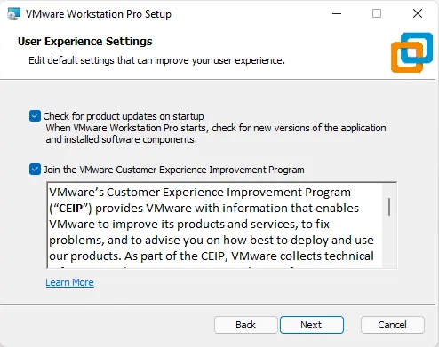 VMware user experience settings