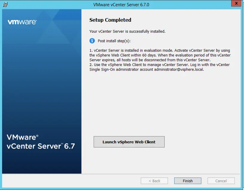 VMware vCenter server setup completed