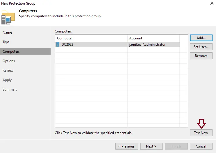 Validate the specified credentials Veeam