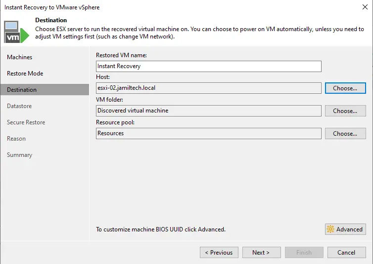 Veeam Instant VM recovery destination