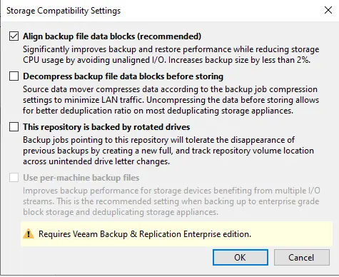 Veeam add backup repository advanced options