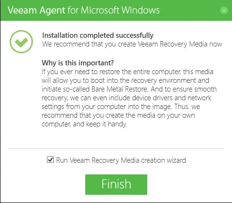 Veeam agent installation completed