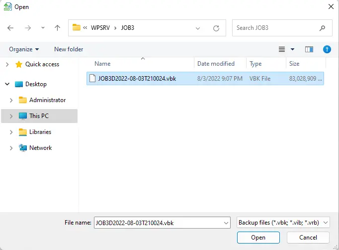 Veeam backup .vbk file