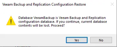 Veeam backup configuration restore warning