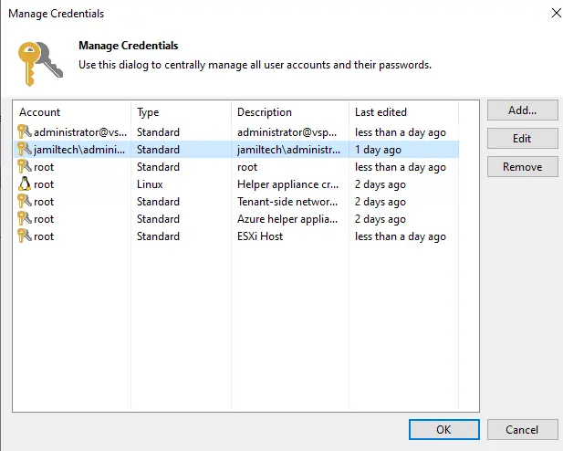 Veeam backup manage credentials