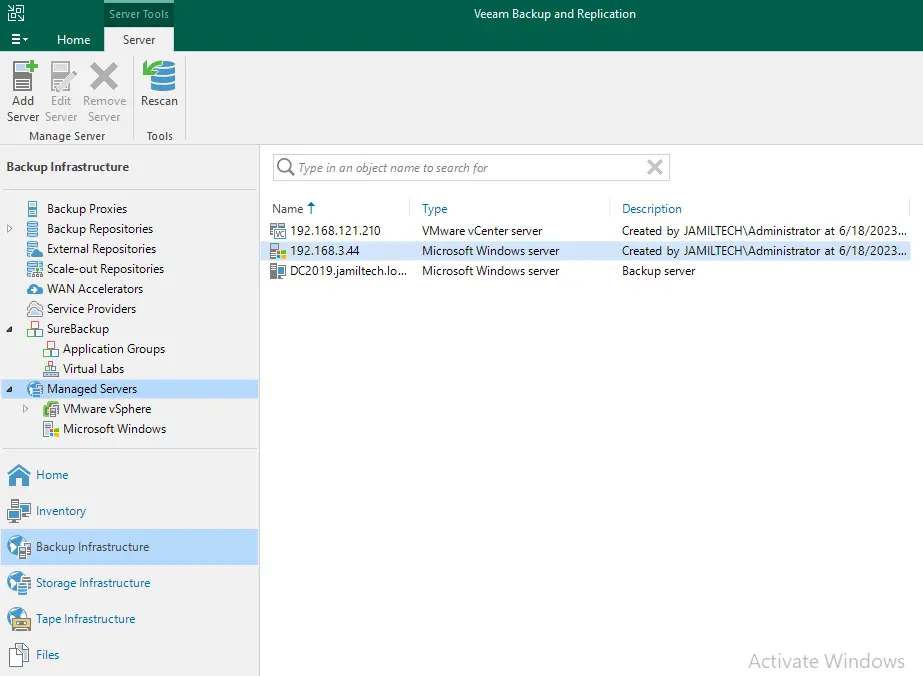 Veeam backup managed servers