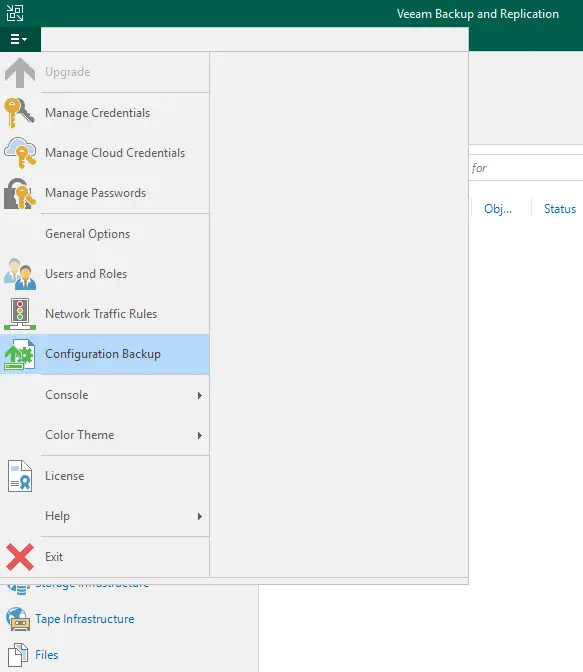 Veeam backup menu