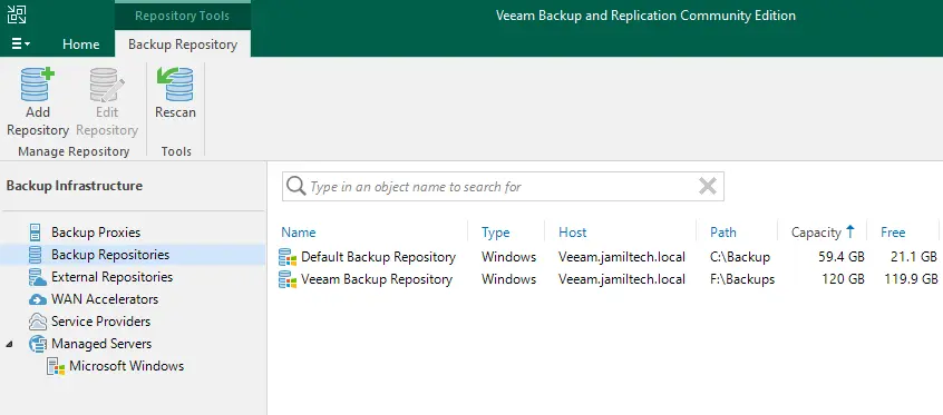 Veeam backup repository tab