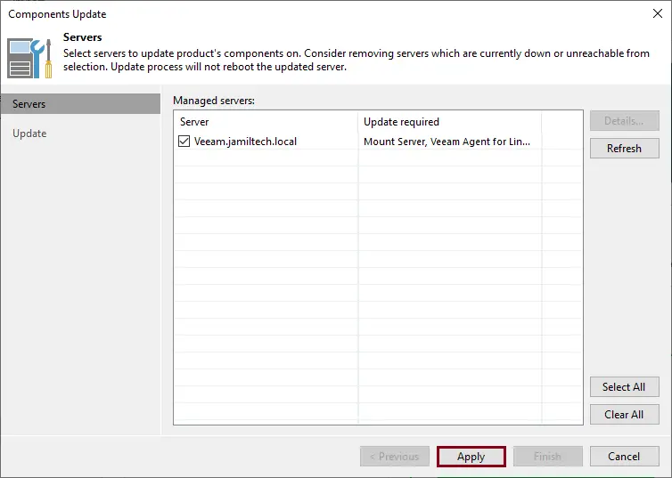 Veeam components update apply