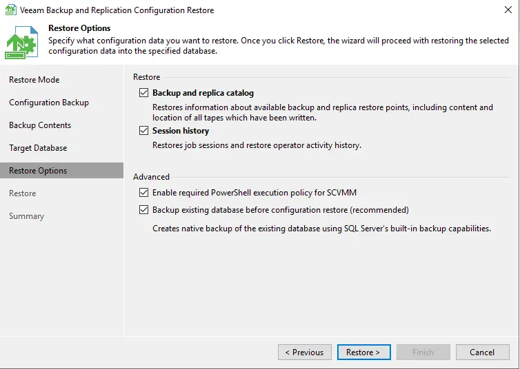 Veeam configuration restore options