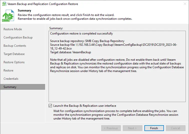 Veeam configuration restore result