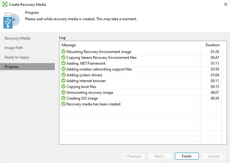 Veeam create recovery media progress