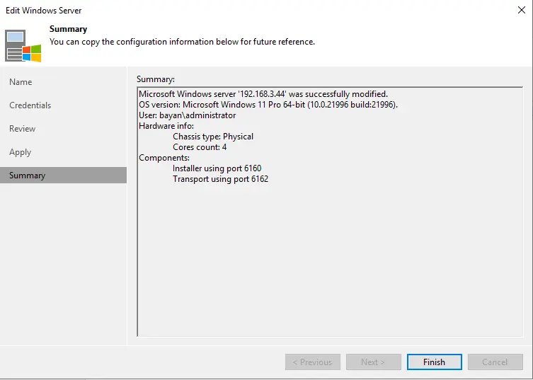 Veeam edit Windows server summary