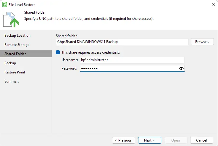 Veeam file level restore shared folder